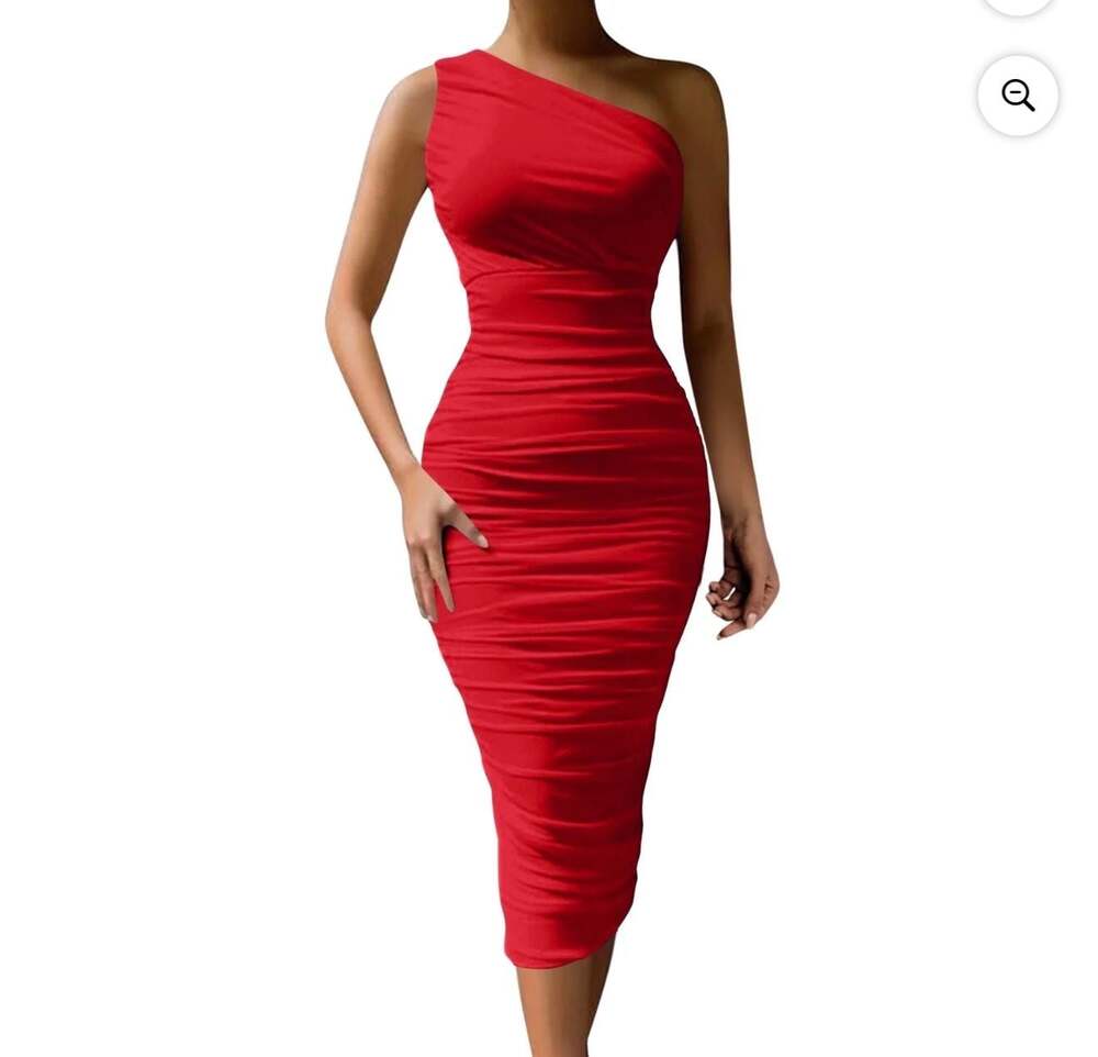 OYS Red One-Shoulder Ruched Bodycon Midi Dress NWT Medium